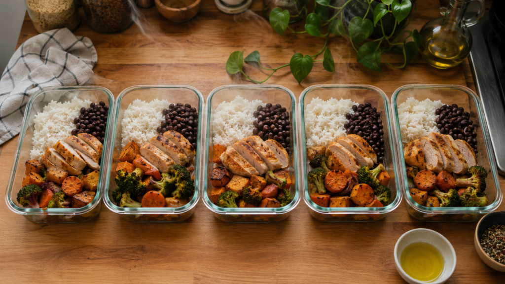 Brazilian-style meal prep with rice, beans, chicken in glass containers