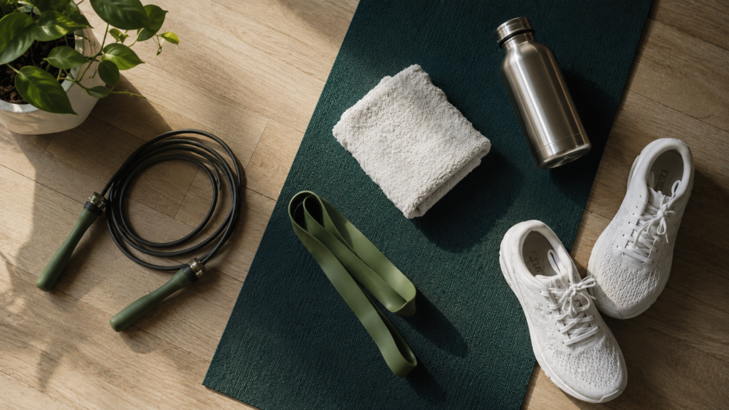 Minimalist home workout setup with mat and resistance bands