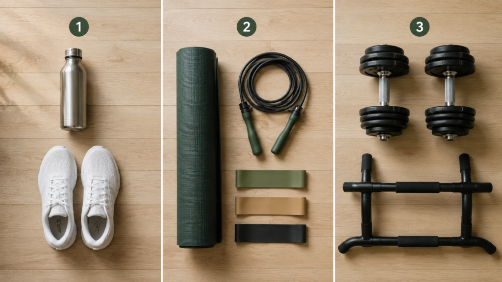 Equipment tiers for getting fit on a budget — $0, $50, $200 setup comparison