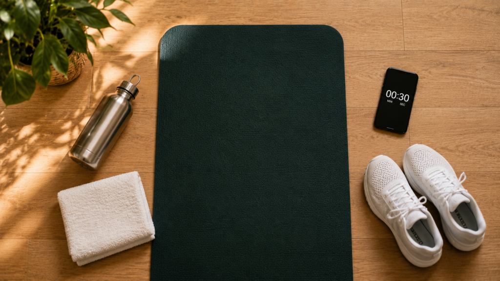 Minimal home workout setup with mat, water bottle, and timer for a no-equipment circuit