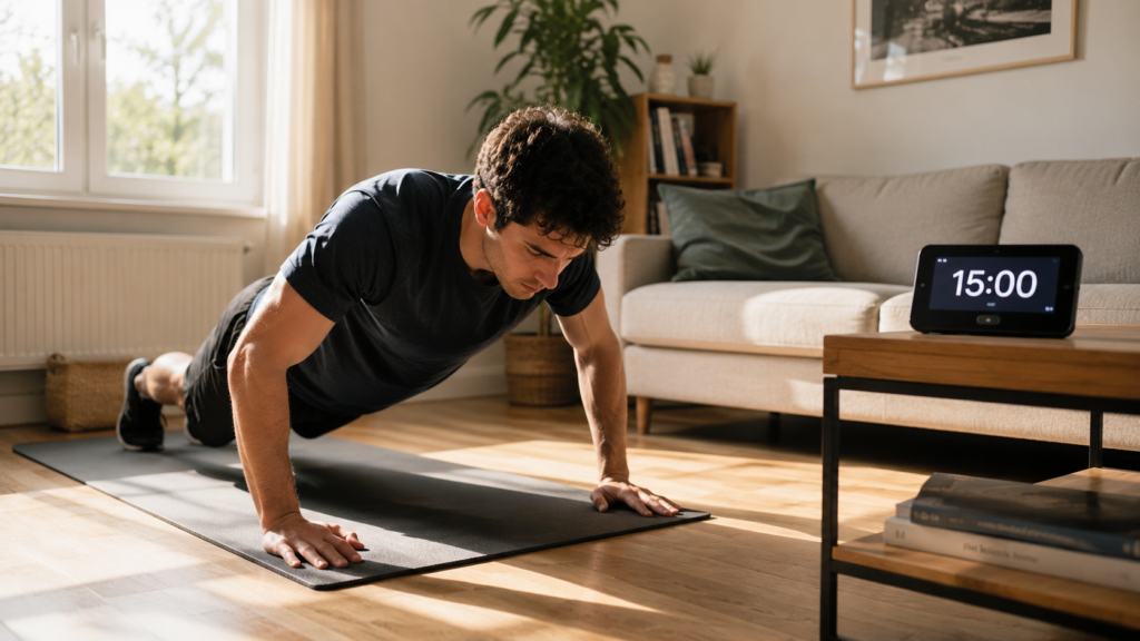 A beginner doing a push-up on a yoga mat at home with a 15-minute timer visible — 15-minute home workout routine