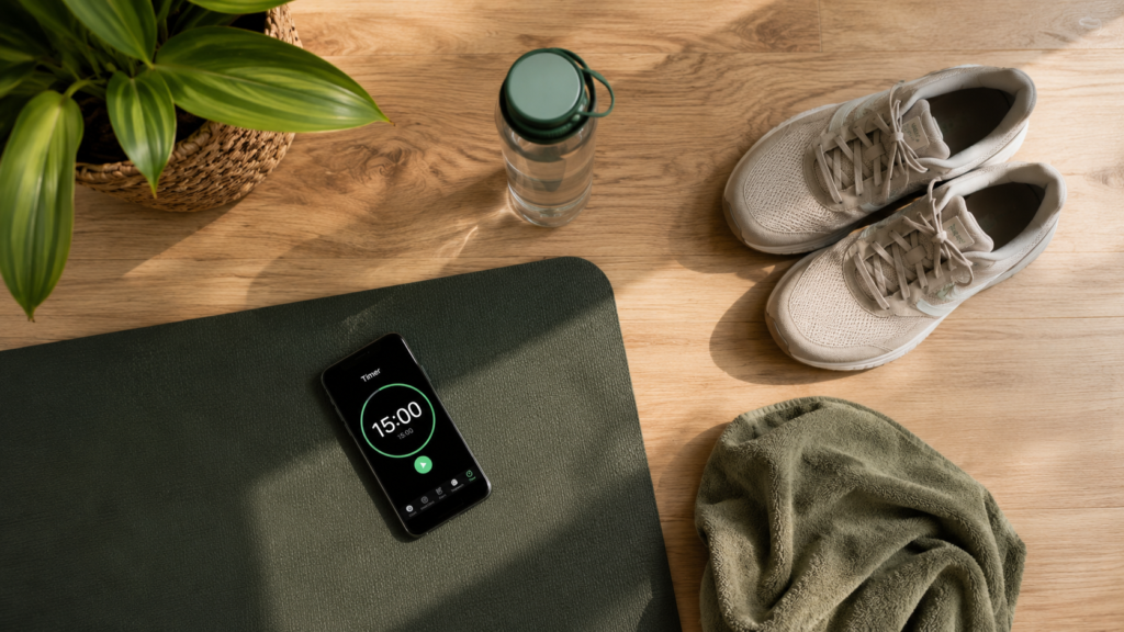 15-minute-home-workout-setup-timer Minimal workout setup with yoga mat, timer, and water bottle for a 15-minute home workout