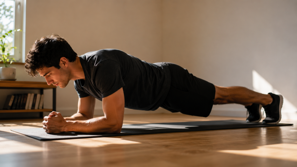 15-minute-workout-progression-plank Person holding a plank during a 15-minute home workout — building strength gradually over weeks