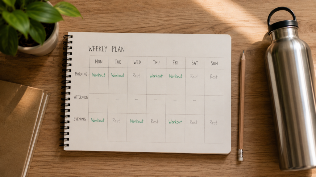 15-minute-workout-weekly-schedule-planner Weekly workout planner showing 15-minute home workout schedule for beginners with rest days