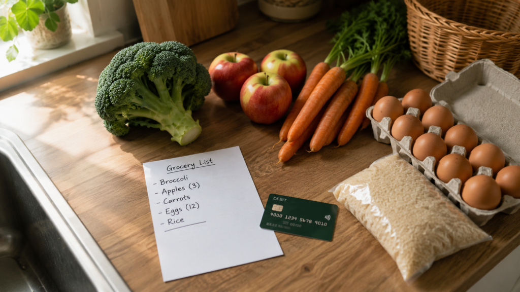 Top-down view of a wooden kitchen counter with a handwritten $50 weekly grocery list, a debit card, and fresh produce including broccoli, apples, carrots, eggs, and rice