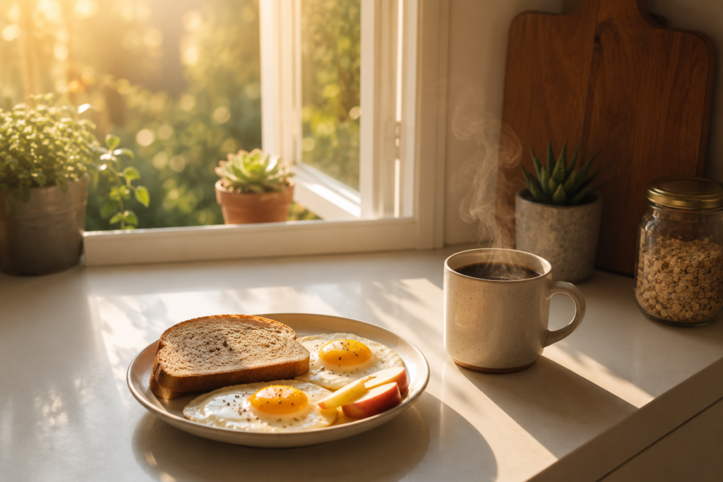 Calm kitchen scene at sunrise with a simple breakfast of bread,   sunny-side-up eggs, sliced apple, and black coffee on a white   counter — illustrating the peace of mind that comes from a   sustainable budget grocery system