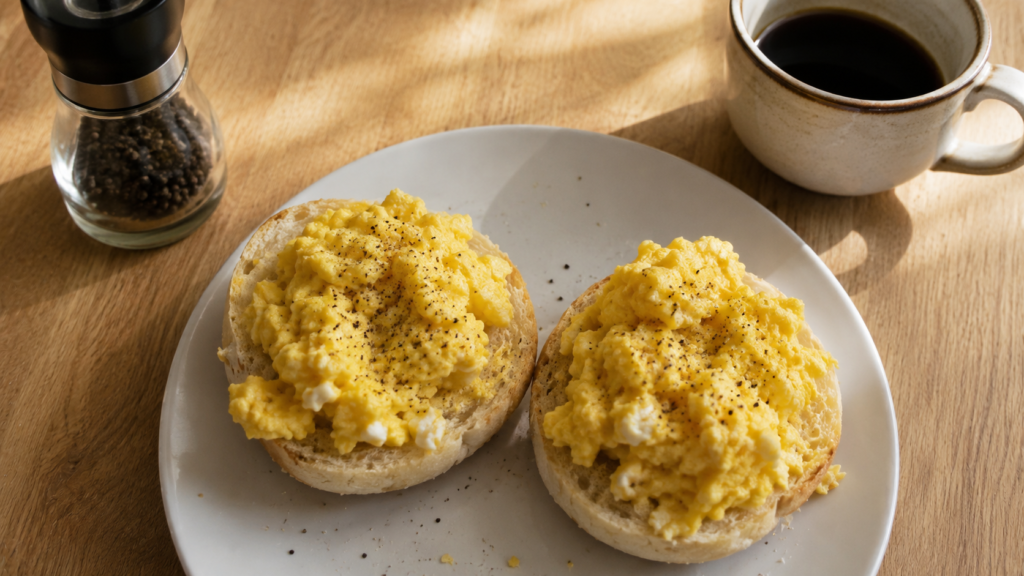 Bread with scrambled eggs — a 5-minute cheap healthy meal under $0.50
