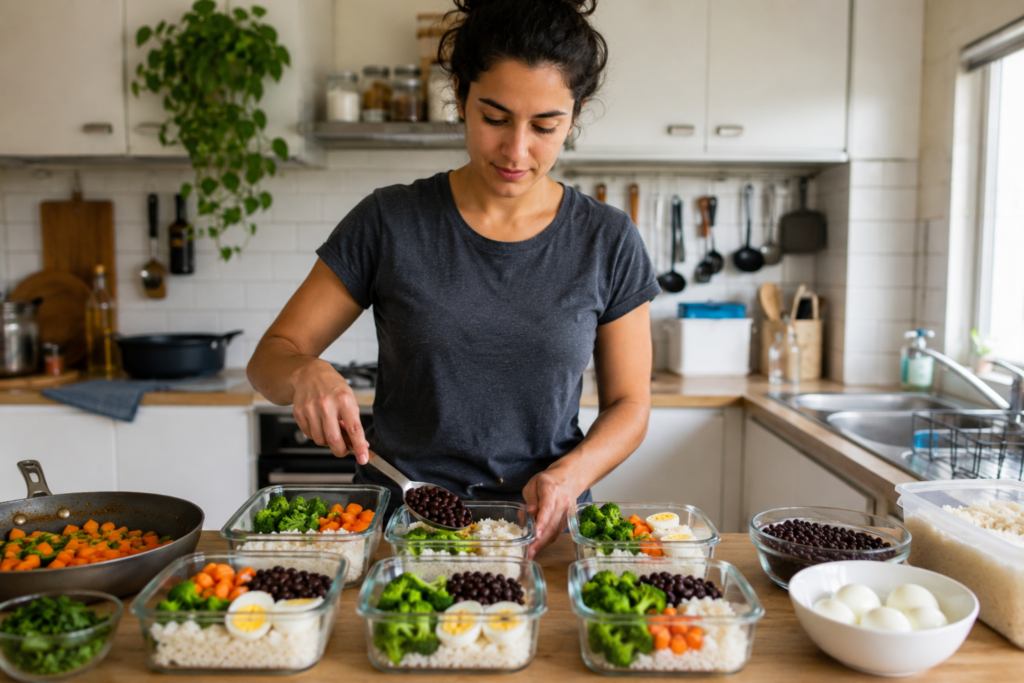 woman preparing cheap meal prep for beginners with rice beans vegetables and eggs in meal containers at home kitchen