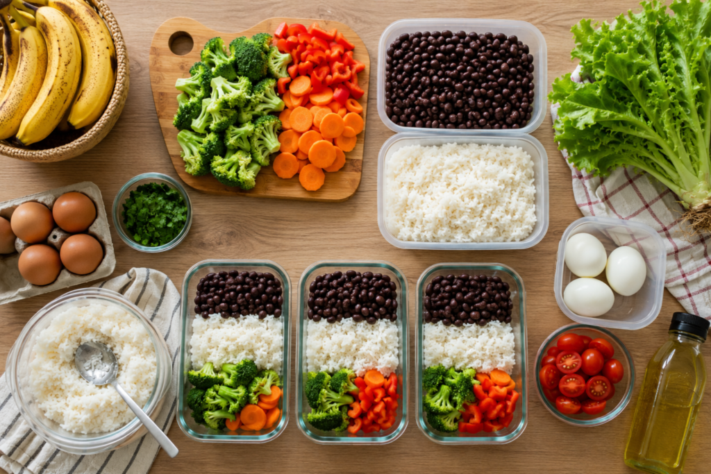 Meal prep containers with rice, black beans and vegetables prepared for a budget healthy diet