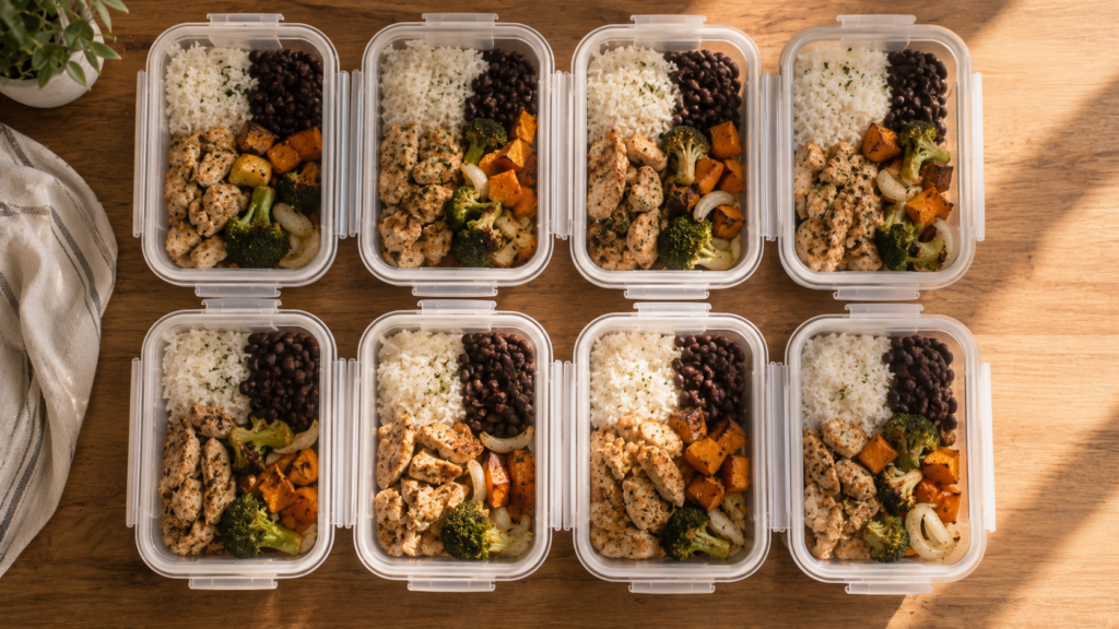 Glass meal prep containers with rice, beans, chicken, and vegetables — weekly cheap meal prep storage