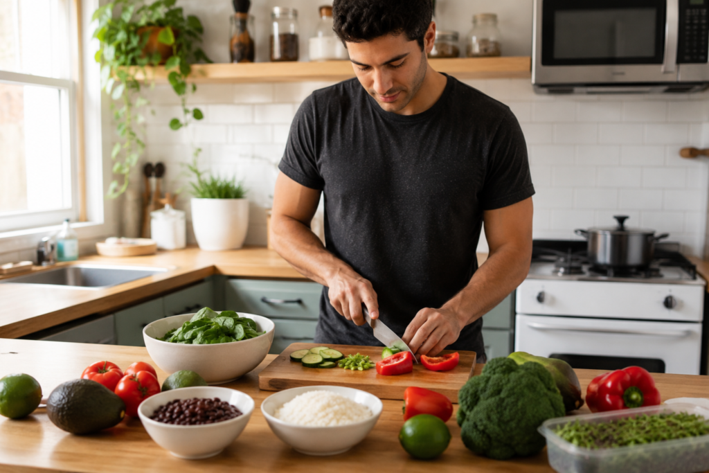 Man preparing a healthy budget meal at home with rice, beans and fresh vegetables