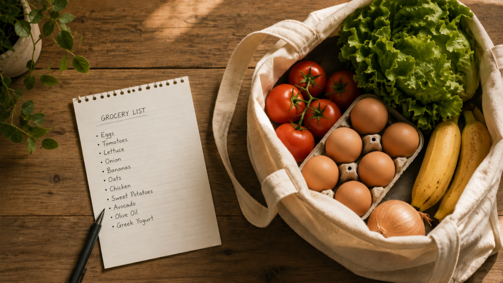 Handwritten grocery list and reusable bag with fresh produce — weekly shopping for healthy eating on a budget