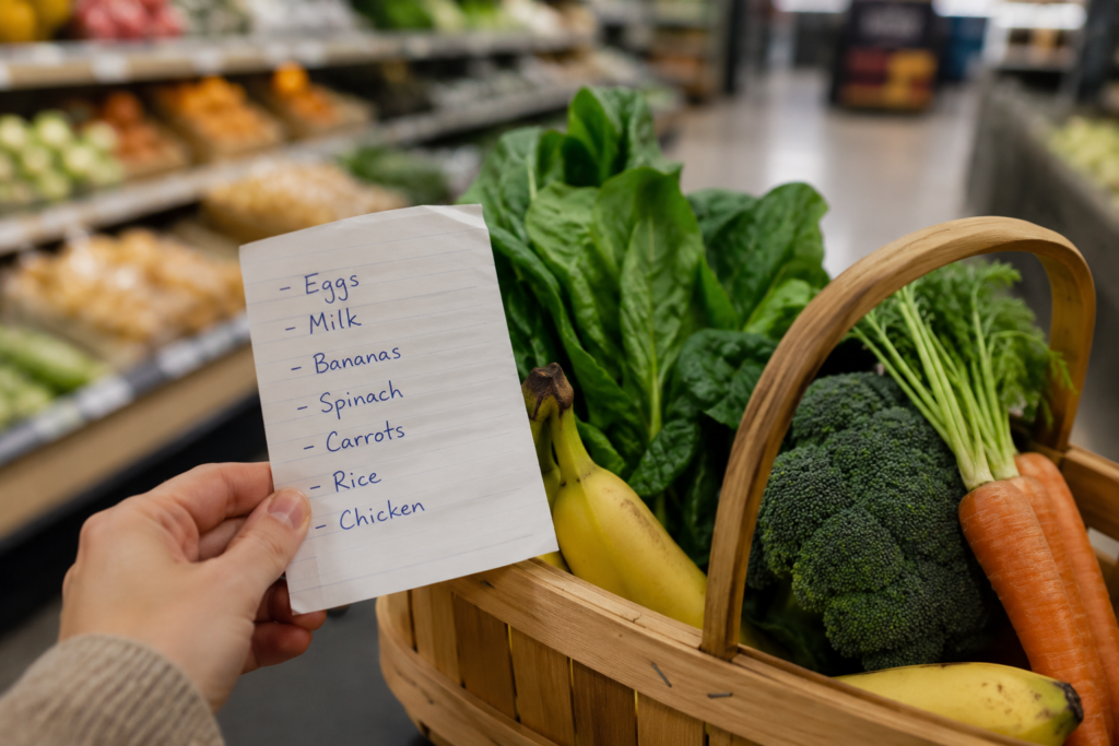 $50 Weekly Grocery List with handwritten shopping list beside a basket of fresh vegetables and bananas in a grocery store aisle, showing affordable healthy food shopping on a budget.