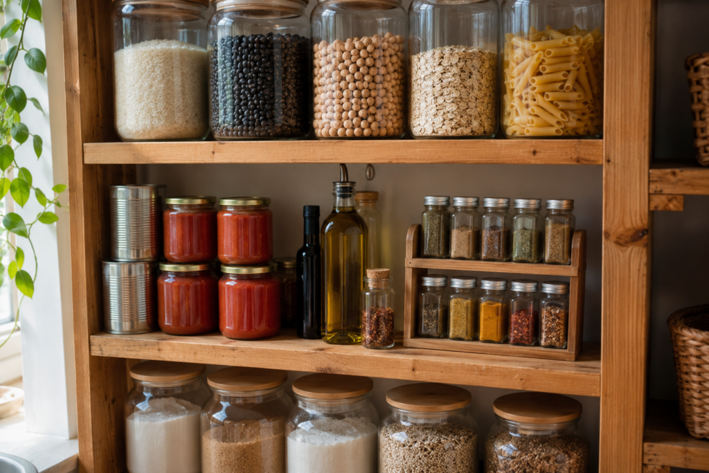 Organized kitchen pantry shelf with clear jars of rice, dried   beans, chickpeas, oats, pasta, and canned tomatoes — the   monthly anchor of non-perishables for a budget grocery system