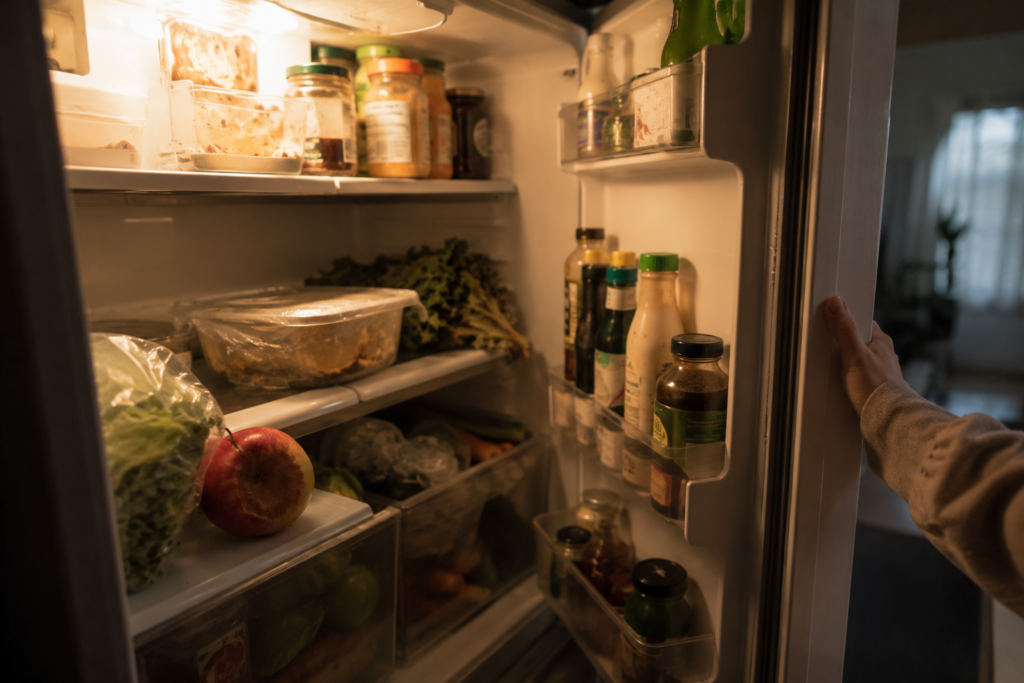 Open refrigerator with wilted vegetables, leftover containers,   and a mushy apple — representing the wasted food and broken   routine before adopting a structured weekly grocery system