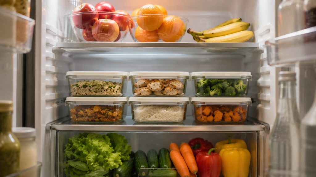 Organized refrigerator with weekly meal prep containers and fresh fruit — eating healthy on a budget