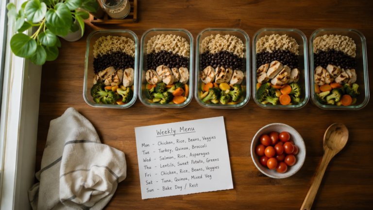 Top-down view of five glass meal prep containers lined up on a wooden kitchen counter, each filled with rice, beans, grilled chicken, and vegetables — illustrating a $50 weekly meal plan system for 7 days
