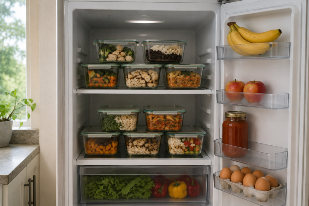 Open refrigerator neatly organized with 10 glass meal prep
containers filled with rice, beans, chicken, and vegetables
on two shelves, plus fruit and eggs on the side door —
illustrating the result of a successful Sunday meal prep