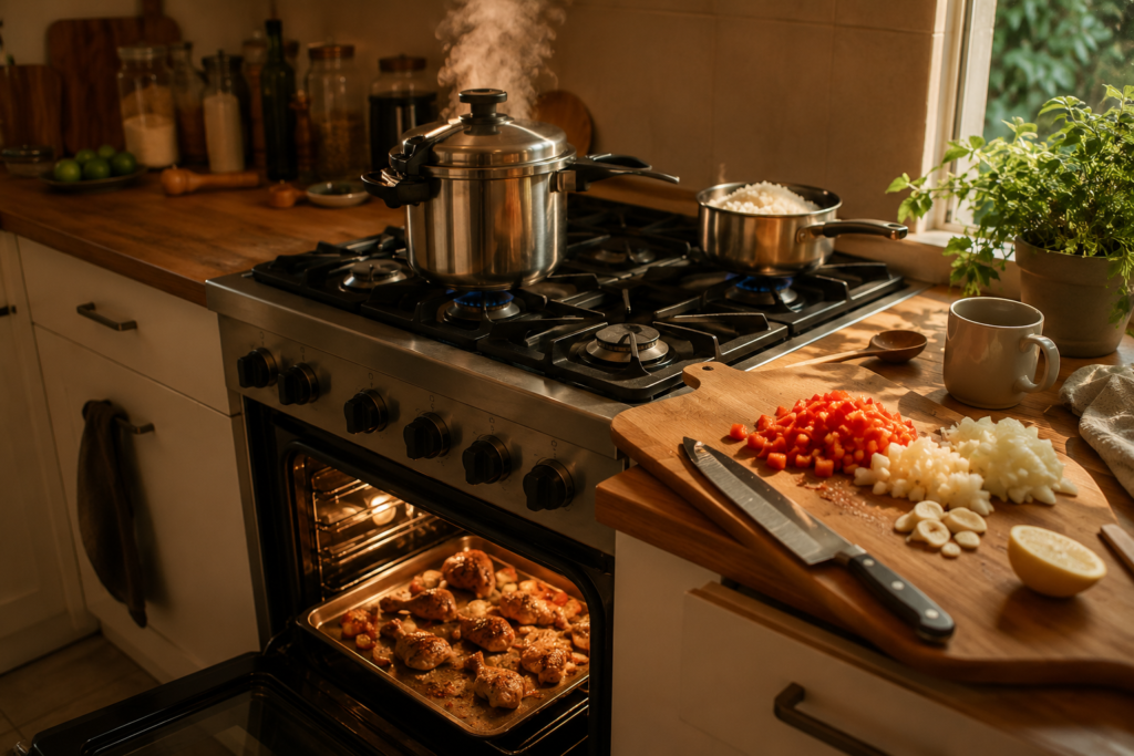 An active Sunday afternoon kitchen scene with pressure
cooker steaming, chicken roasting in the oven, rice pot
simmering, and a cutting board with chopped vegetables —
illustrating the parallel cooking choreography of a
3-hour weekly meal prep session