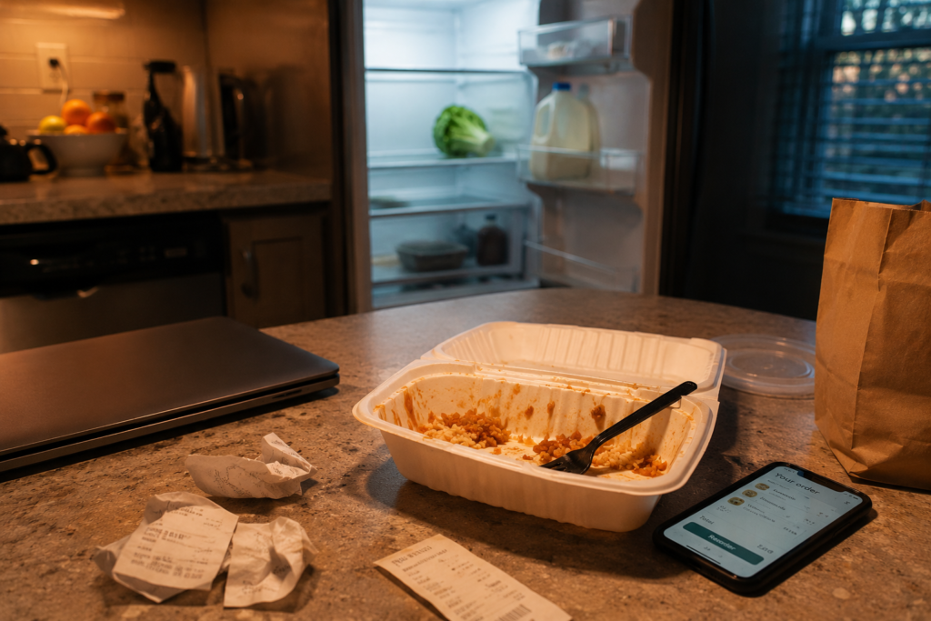 Half-eaten delivery food on a kitchen counter next to a
closed laptop and smartphone, with a nearly empty fridge
in the background — illustrating the Thursday delivery
habit before adopting a weekly meal plan system